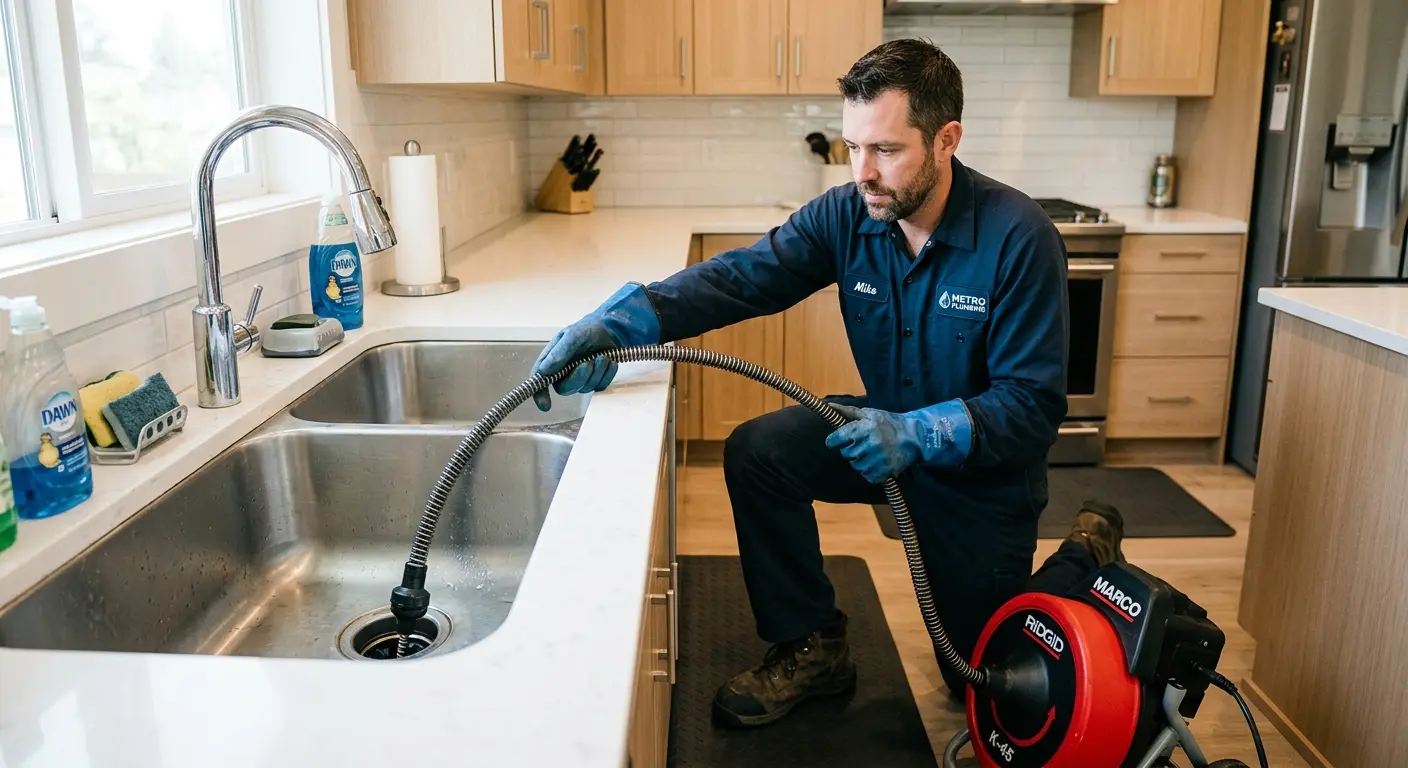 Drain cleaning technician using a motorized snake on a kitchen sink in Wilson