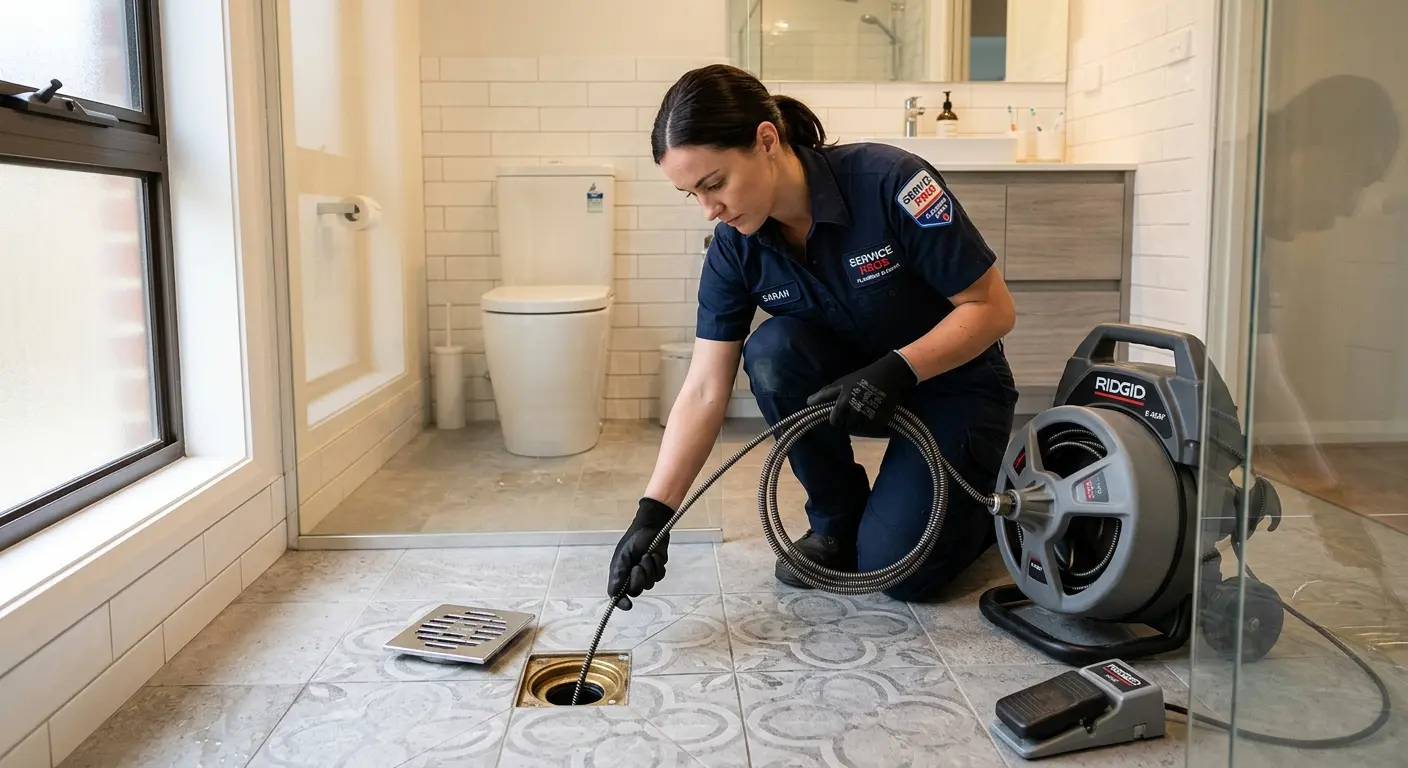Technician clearing a bathroom floor drain for Drain Cleaning in Wilson